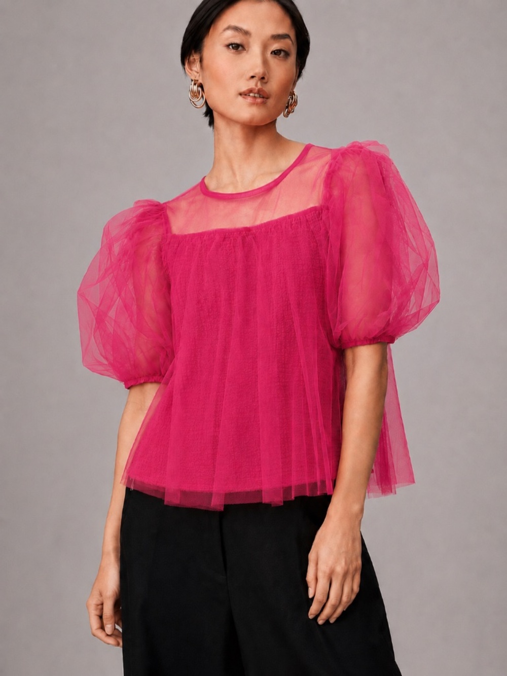 By Anthropologie Hot Pink Sheer Tulle Puff Sleeve Romantic Blouse L